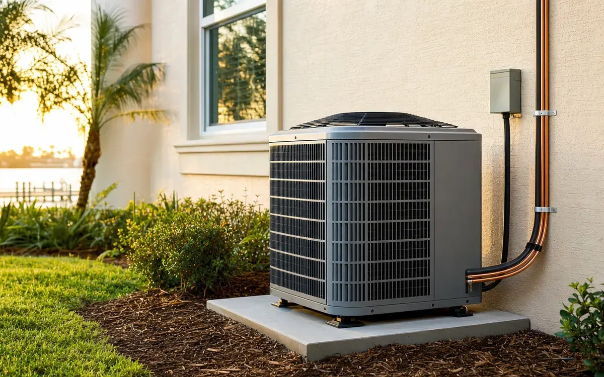 New outdoor AC condenser on a concrete pad beside a stucco home with palm trees at sunset