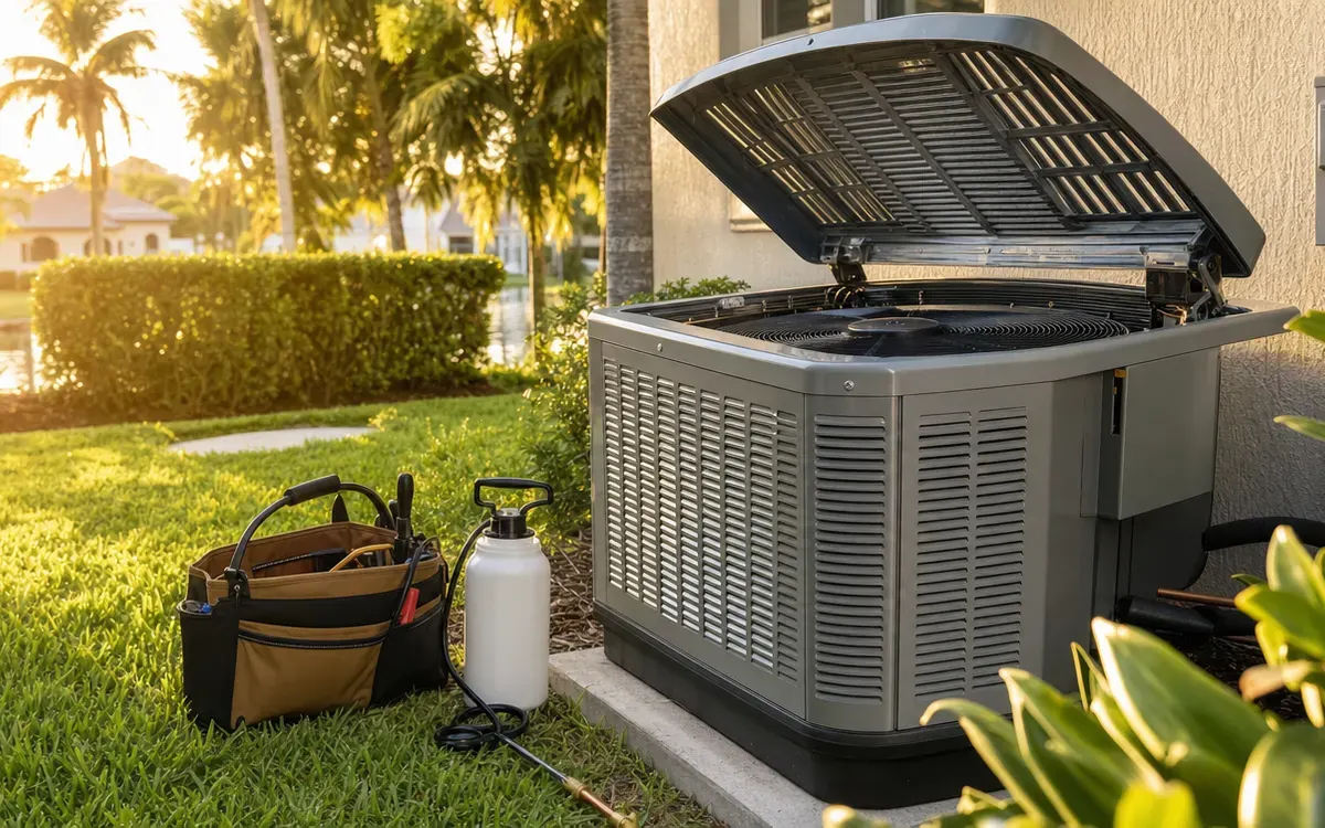 Outdoor AC unit with its top grille open beside a tool bag and a pump sprayer on the lawn
