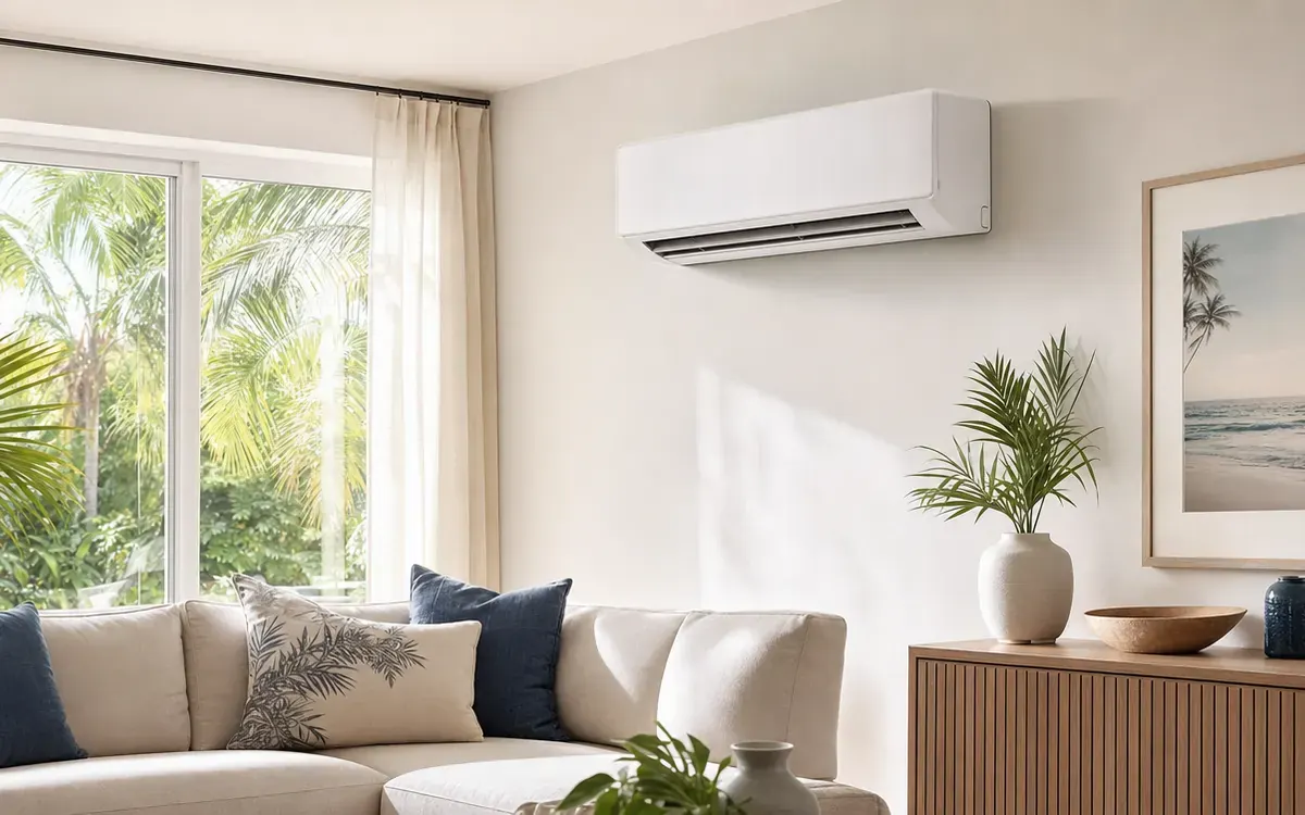 White ductless mini-split head mounted on a living-room wall above a sofa, palm trees outside