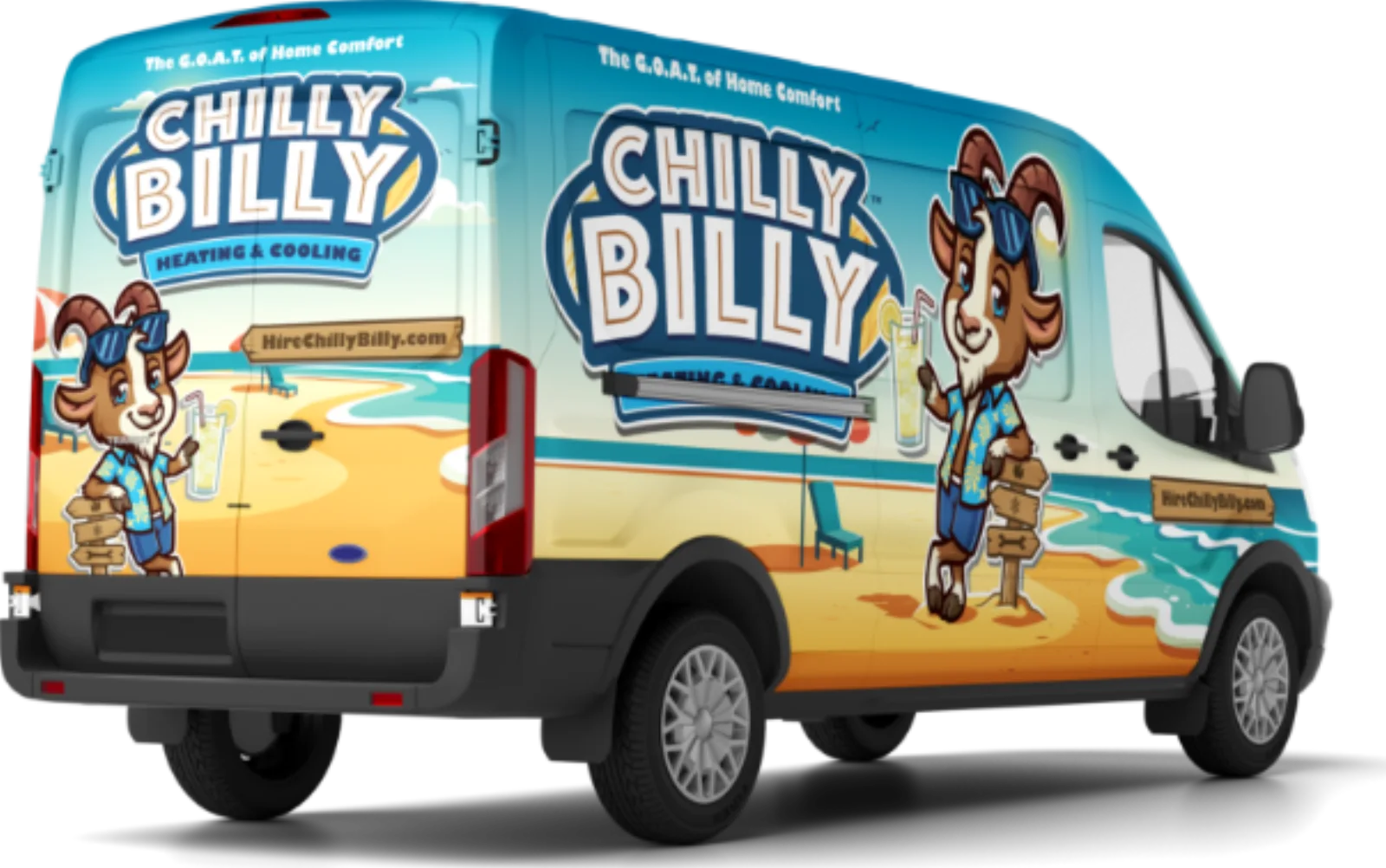 Camioneta de servicio de Chilly Billy Heating & Cooling con arte de playa y Billy, la cabra mascota